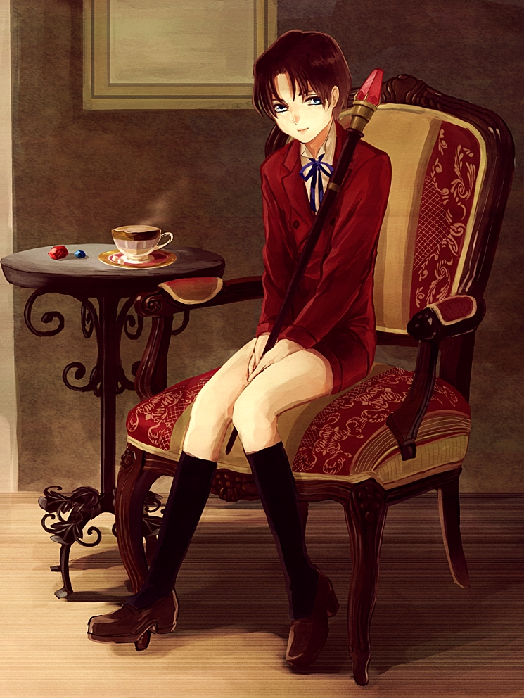 1boy, aged_down, black_socks, blue_eyes, brown_hair, cane, chair, cup