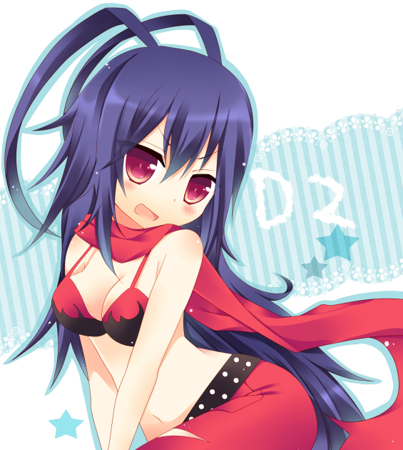 1girl, antenna_hair, bad_id, bad_pixiv_id, belt, blue_hair, breasts, cleavage