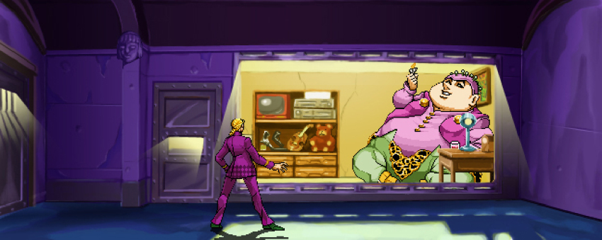 2boys, blonde_hair, candle, fake_screenshot, fat, fat_man, giant, giorno_giovanna, hat, hiraemon, jojo_no_kimyou_na_bouken, multiple_boys, pixel_art, polpo, vento_aureo
