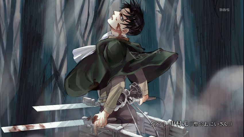 1boy, black_hair, cable, cape, dual_wielding, forest, head_tilt, highres