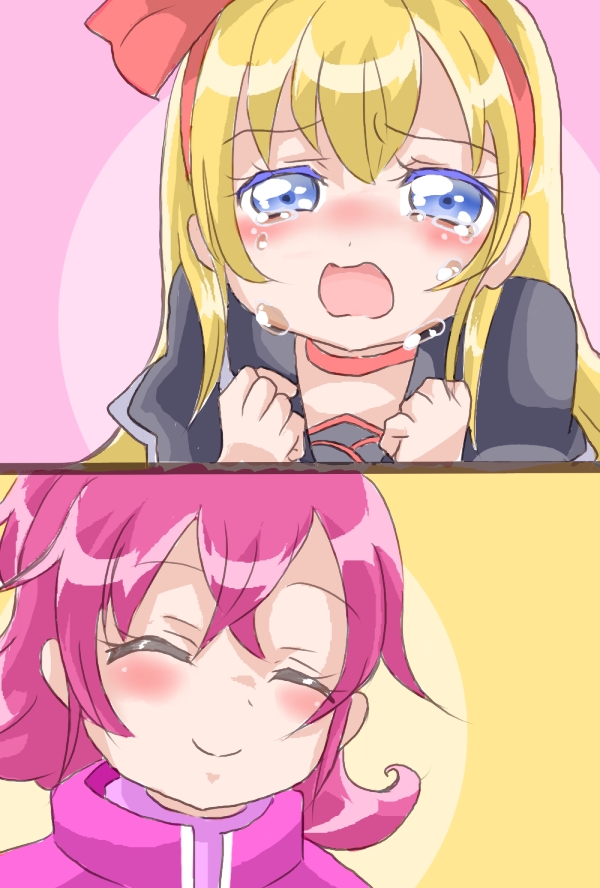 2girls, aida_mana, blonde_hair, blue_eyes, blush, bow, choker, cropped_jacket