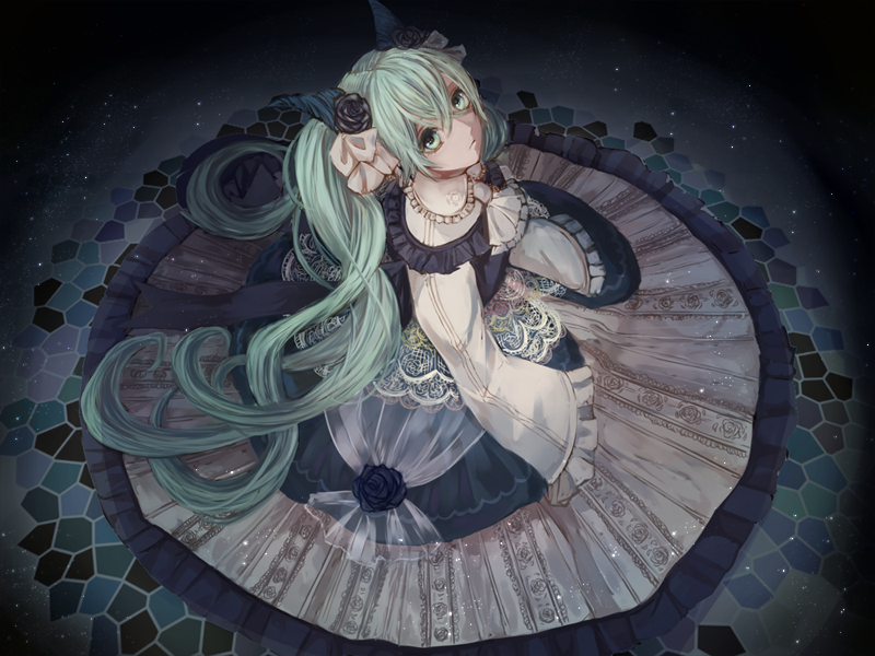 1girl, dress, female_focus, green_eyes, green_hair, hatsune_miku, long_hair, matching_hair/eyes, rokuri-eva, solo, very_long_hair, vocaloid