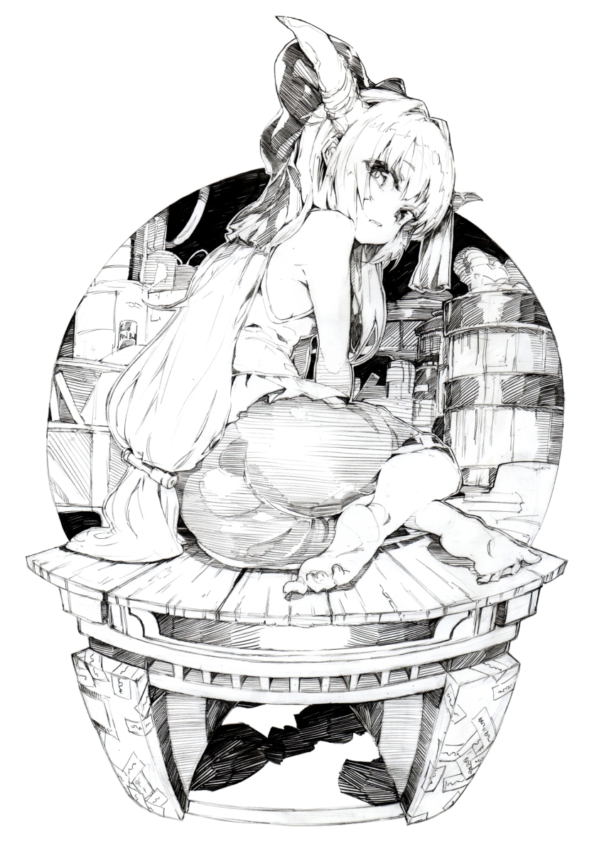 1girl, ass, bad_id, bad_pixiv_id, barefoot, bow, box, bucket, colored_pencil_(medium), feet, female_focus, greyscale, hair_bow, highres, horn_ornament, horn_ribbon, horns, ibuki_suika, long_hair, looking_at_viewer, looking_back, low-tied_long_hair, monochrome, oshake, ribbon, shirt, sitting, skirt, sleeveless, sleeveless_shirt, solo, touhou, traditional_media, very_long_hair