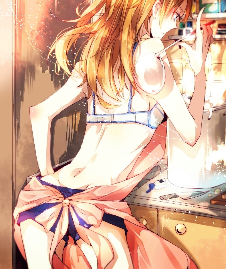 1girl, apron, ass, back, bad_id, bad_pixiv_id, bare_arms, bare_shoulders, blue_eyes, bra, brown_hair, cooking, female_focus, kitchen, kitchen_knife, knife, ladle, light_brown_hair, long_hair, mana_(pixiv3475031), mana_(supaner), nearly_naked_apron, neon_genesis_evangelion, pot, rebuild_of_evangelion, short_shorts, shorts, solo, souryuu_asuka_langley, underwear, white_bra