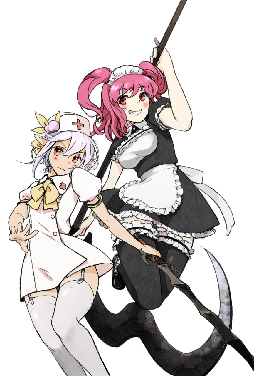 2girls, alternate_costume, apron, black_legwear, blush, bou_y, dress, enmaided, food, frills, fruit, garter_straps, grey_hair, hair_bobbles, hair_ornament, hat, highres, hinanawi_tenshi, maid, maid_apron, maid_headdress, multiple_girls, nurse, nurse_cap, onozuka_komachi, peach, pointy_ears, red_eyes, red_hair, short_hair, short_twintails, smile, thighhighs, touhou, twintails, two_side_up, white_legwear
