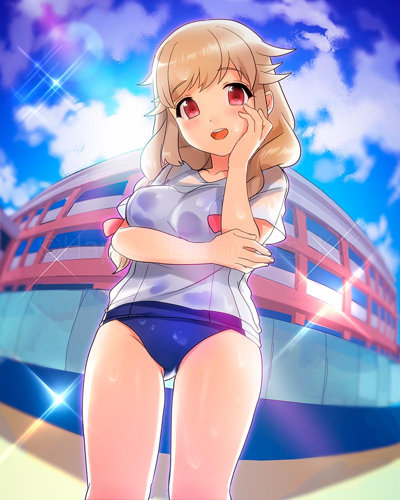 1girl, blonde_hair, day, ensemble_girls!, female_focus, from_below, nagai_yuu, official_art, open_mouth, original, red_eyes, school_swimsuit, shirt, sky, solo, swimsuit, t-shirt, watermark, wet
