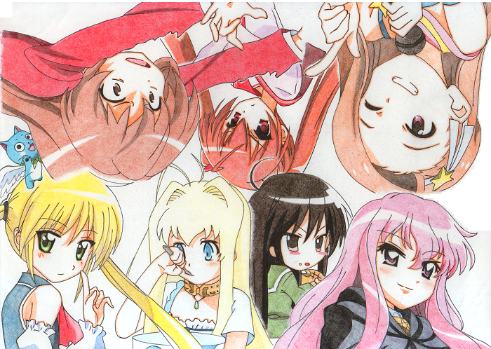 10s, 6+girls, aisaka_taiga, annotated, colored_pencil_(medium), dragon_crisis!, fairy_tail, graphite_(medium)