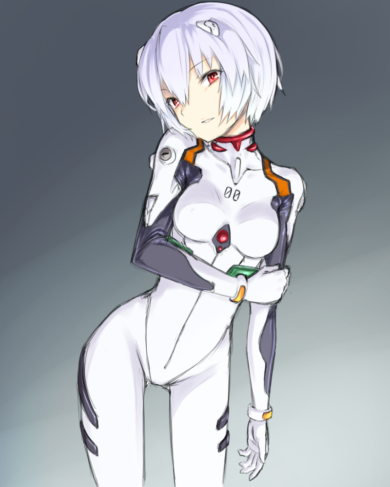 1girl, ayanami_rei, breasts, curvy, female_focus, gradient_background, mecha_pilot_suit, motorii, neon_genesis_evangelion, pale_skin, plugsuit_(evangelion), red_eyes, solo, white_hair, wide_hips