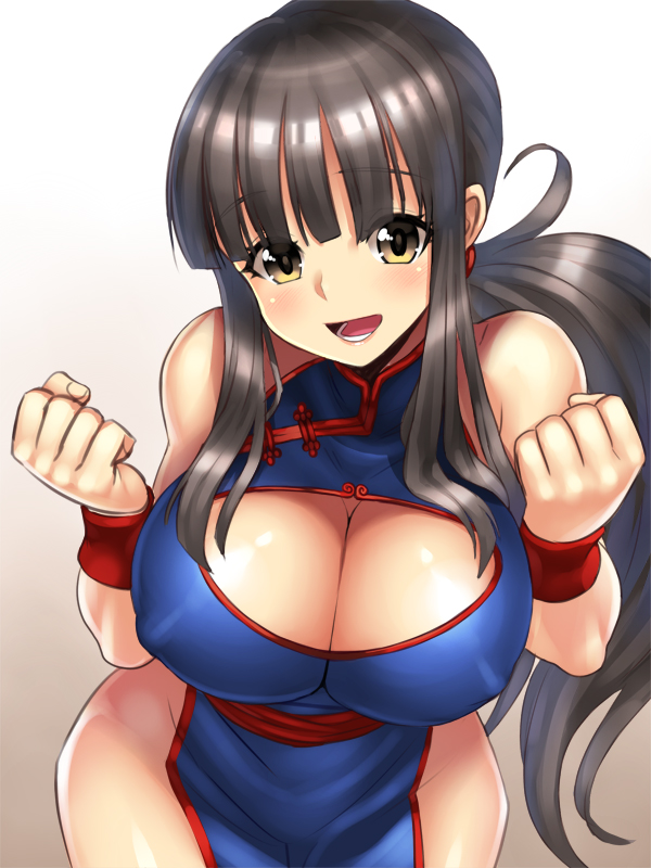 1girl, :d, bare_shoulders, black_hair, blush, breasts, brown_eyes, chi-chi_(dragon_ball), chinese_clothes, cleavage, cleavage_cutout, clenched_hands, clothing_cutout, covered_erect_nipples, dragon_ball, female_focus, hime_cut, large_breasts, long_hair, looking_at_viewer, open_mouth, smile, solo, wristband, yapo_(croquis_side)
