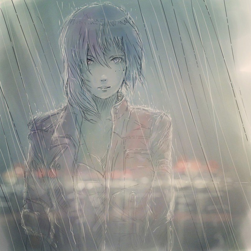 1girl, female_focus, ghost_in_the_shell, ghost_in_the_shell_arise, hair_between_eyes, highres, jacket, kusanagi_motoko, lights, looking_at_viewer, muted_color, parted_lips, popped_collar, purple_hair, rain, reflection, short_hair, sketch, solo, transparent, valkorn, wet