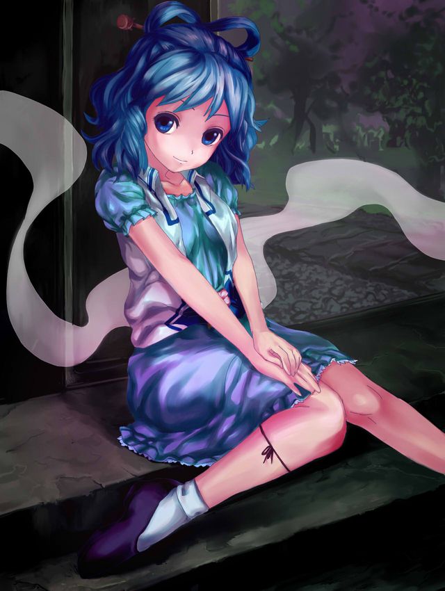 1girl, bad_id, bad_pixiv_id, belt, blue_eyes, blue_hair, doro_in, dress, female_focus, hair_ornament, hair_rings, hair_stick, hand_on_leg, head_tilt, kaku_seiga, leg_ribbon, leg_up, light_smile, looking_at_viewer, matching_hair/eyes, own_hands_together, path, ribbon, road, shawl, short_hair, sitting, solo, touhou, tree, uushanten