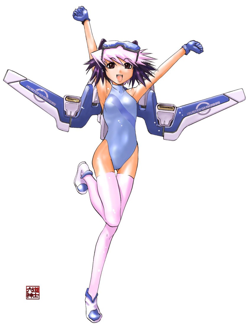 1990s_(style), 1girl, android, breasts, excel_saga, female_focus, gloves, goggles, highres, jetpack, multicolored_hair, one-piece_swimsuit, retro_artstyle, rikudou_koushi, ropponmatsu_2, short_hair, small_breasts, solo, swimsuit, thighhighs, two-tone_hair