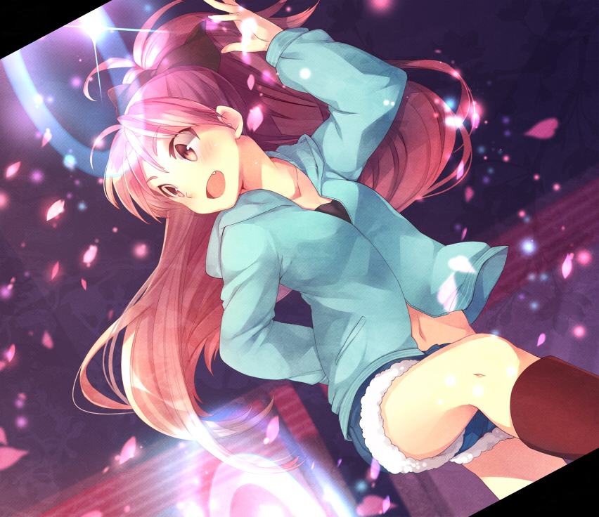 10s, 1girl, akr_et, arm_up, fang, female_focus, hair_ribbon, hood