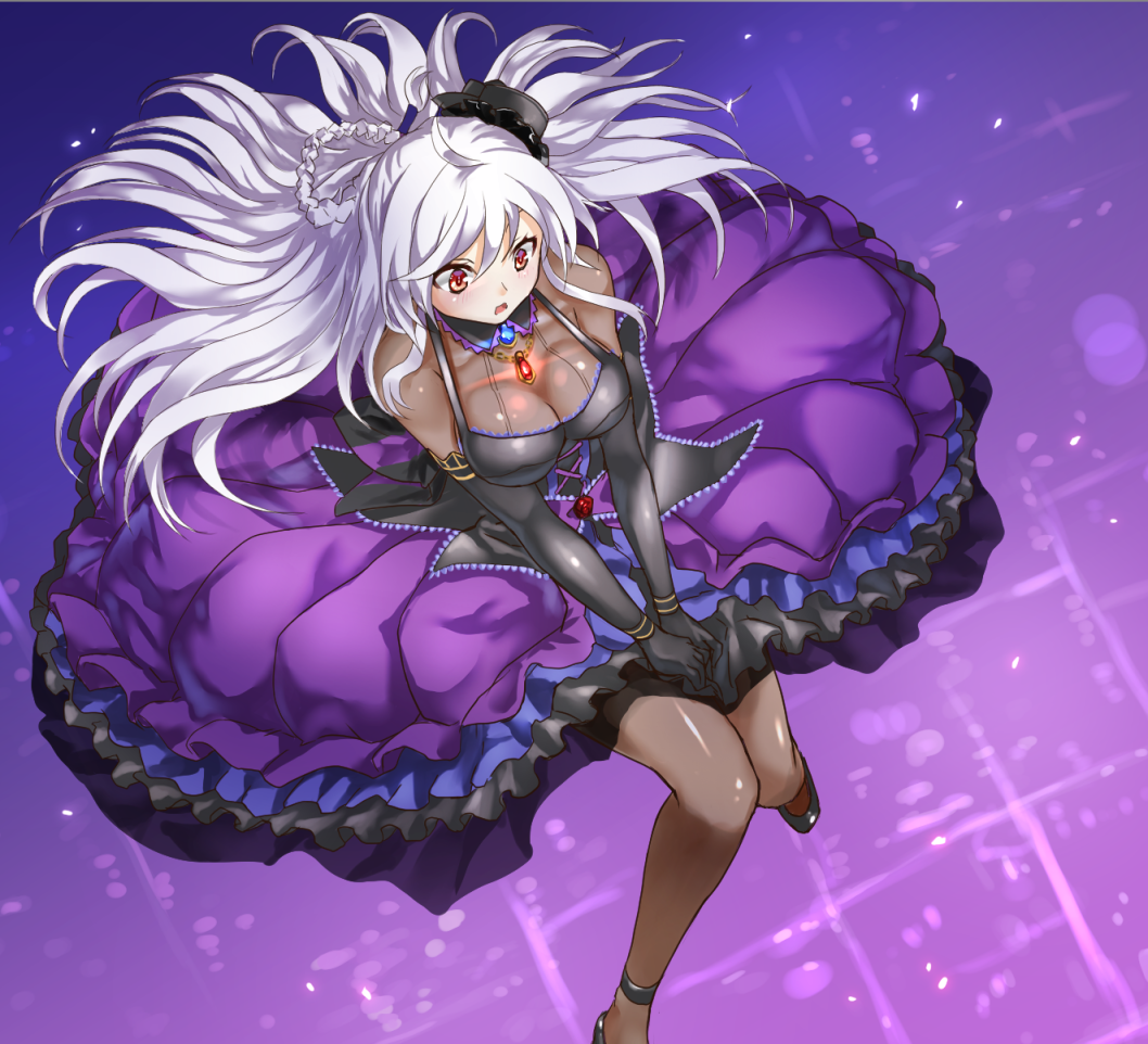 1girl, braid, breasts, cleavage, dress, female_focus, hat, jewelry, long_hair, magu_(mugsfc), necklace, open_mouth, pantyhose, project_diva_(series), project_diva_extend, red_eyes, single_braid, solo, vocaloid, white_hair, yowane_haku, yowane_haku_(gothic_purple)