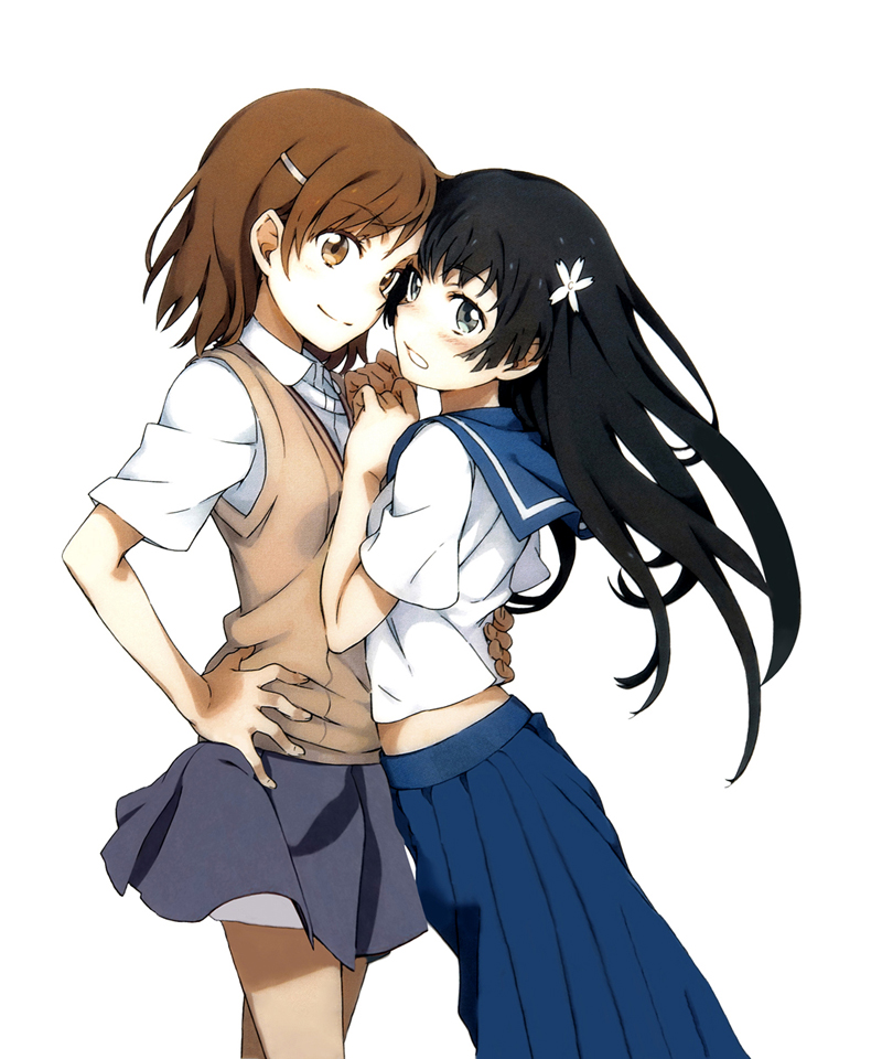 2girls, aqua_eyes, bad_id, bad_pixiv_id, black_hair, blush, brown_eyes, brown_hair