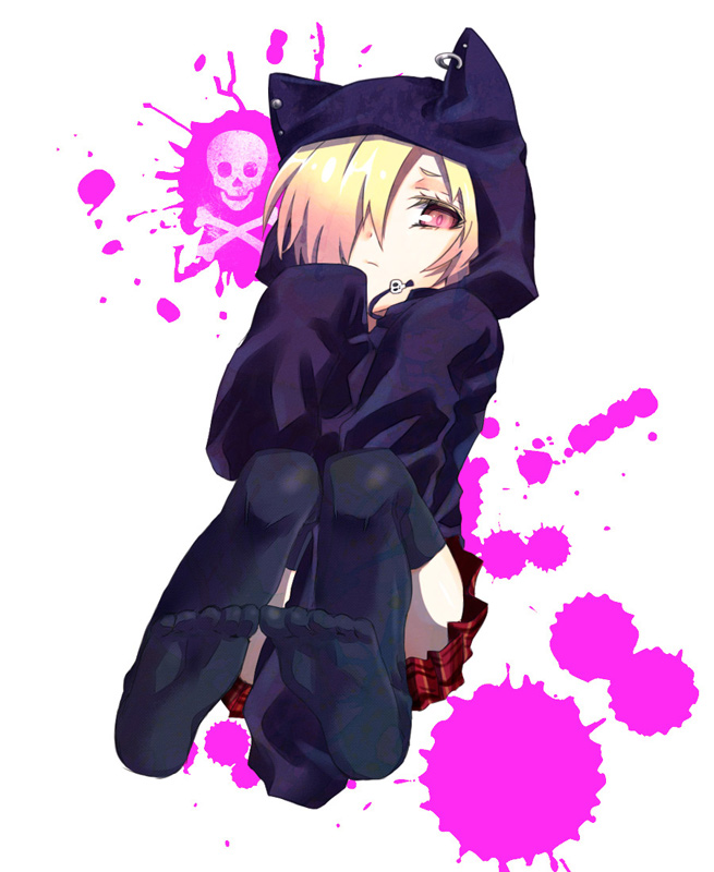 10s, 1girl, animal_ears, animal_hood, black_thighhighs, blonde_hair, cat_ears, cat_hood, earrings, female_focus, hair_over_one_eye, hood, hoodie, idolmaster, idolmaster_cinderella_girls, jewelry, no_shoes, pink_eyes, shirasaka_koume, short_hair, skirt, solo, thighhighs, yakou_(innocent_chapel)