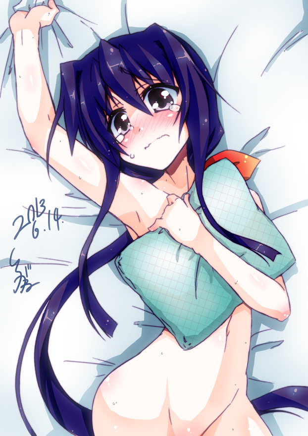 1girl, bed, blue_hair, blush, covering_privates, dated, female_focus, long_hair, nude, owari_no_chronicle, pillow, purple_eyes, shinjou_sadagiri, shirogane_(cufsser), solo, tears