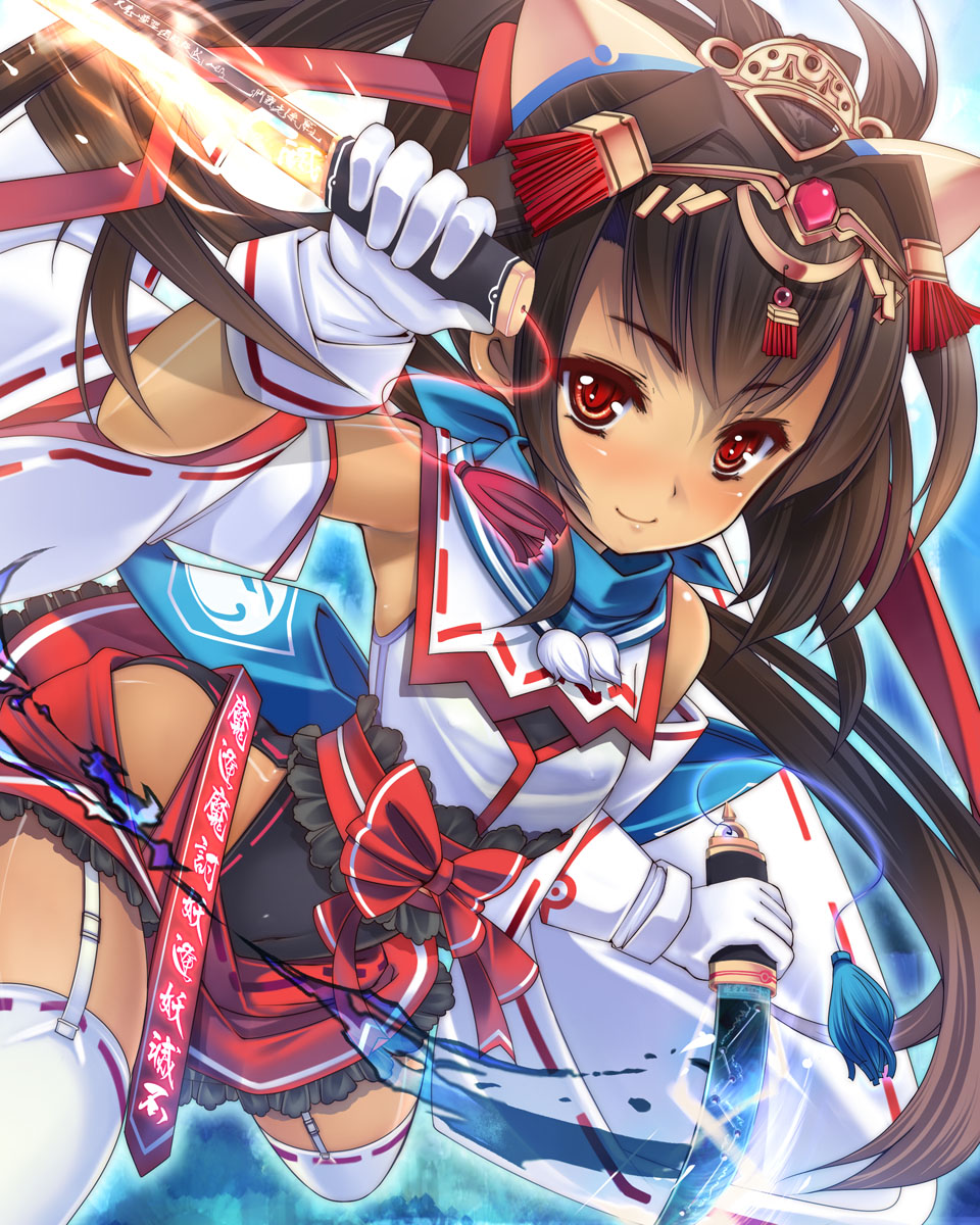 1girl, bare_shoulders, blush, breasts, brown_hair, dagger, detached_sleeves, dual_wielding, female_focus, garter_straps, gloves, hair_ornament, highres, holding, knife, long_hair, naaamo, ponytail, red_eyes, small_breasts, smile, solo, thighhighs, very_long_hair, weapon, white_gloves, white_thighhighs