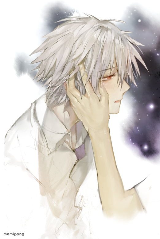 1boy, blush, hand_on_another's_face, male_focus, memipong, nagisa_kaworu, neon_genesis_evangelion, red_eyes