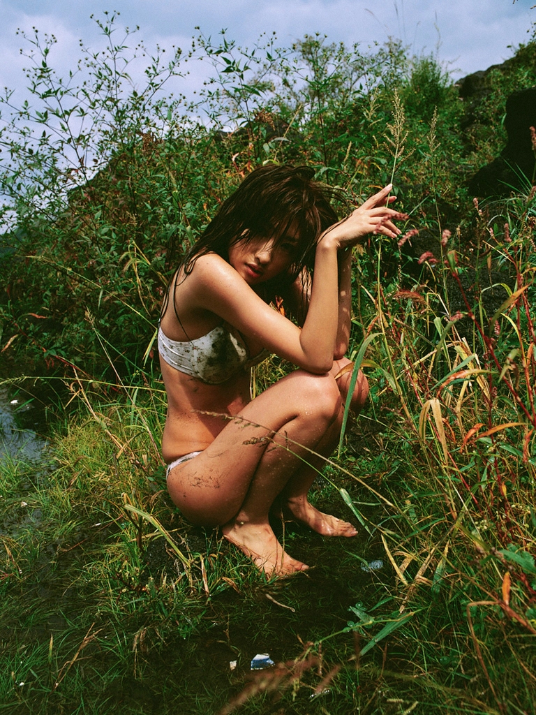 ando_sayaka, bra, lingerie, mud, panties, photo_(medium), pond, underwear