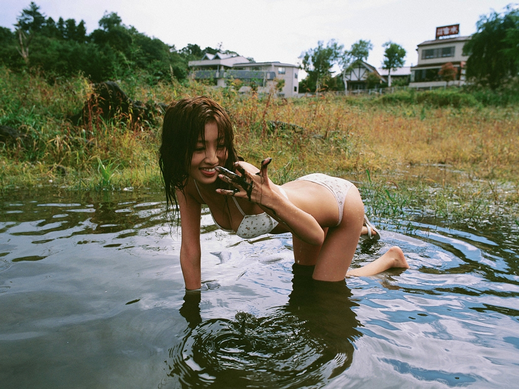 ando_sayaka, bra, lingerie, mud, panties, photo_(medium), pond, sandals