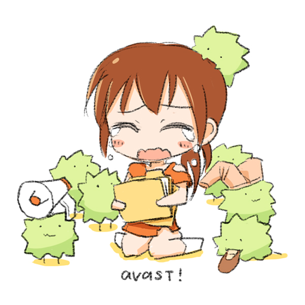 avast!, blush_stickers, brown_hair, chibi, folder, megaphone, nanatsuta, no_pants, original, pants_on_head, ponytail, shoes, simple_background, solo, tears, virus, wavy_mouth, white_background