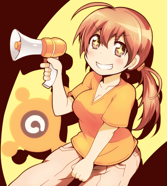 +_+, avast!, blush, breasts, brown_eyes, brown_hair, cleavage, grin, megaphone, original, pants, ponytail, shirt, smile, solo, tanashi_(mk2)