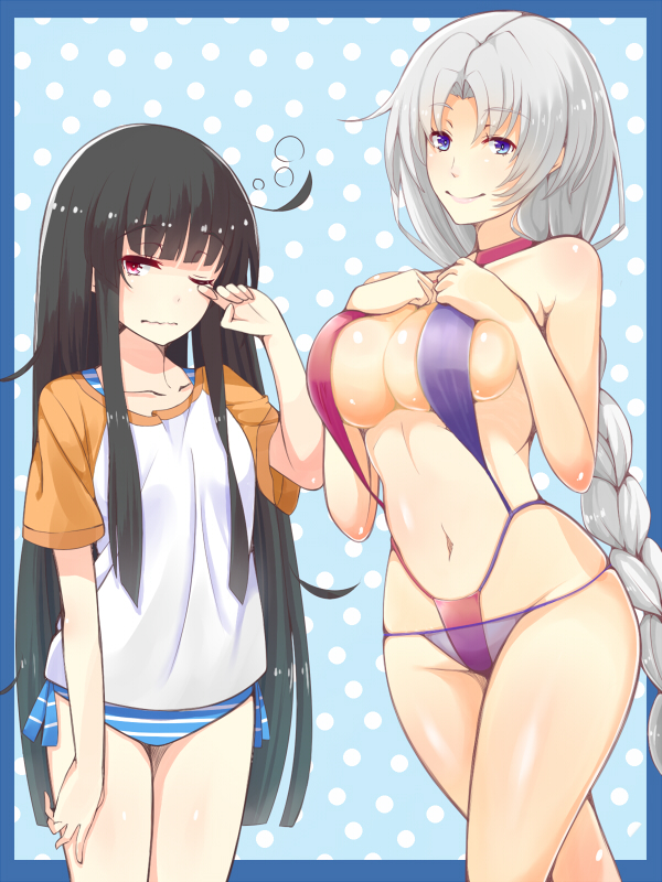 2girls, bikini, bikini_under_clothes, black_hair, blue_eyes, braid, breasts, houraisan_kaguya