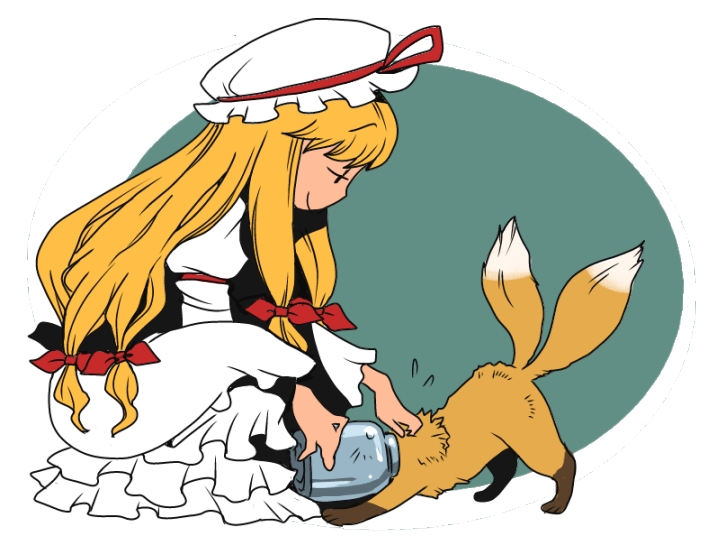 1girl, aged_down, blonde_hair, dress, fox, fox_tail, hair_ribbon, hat