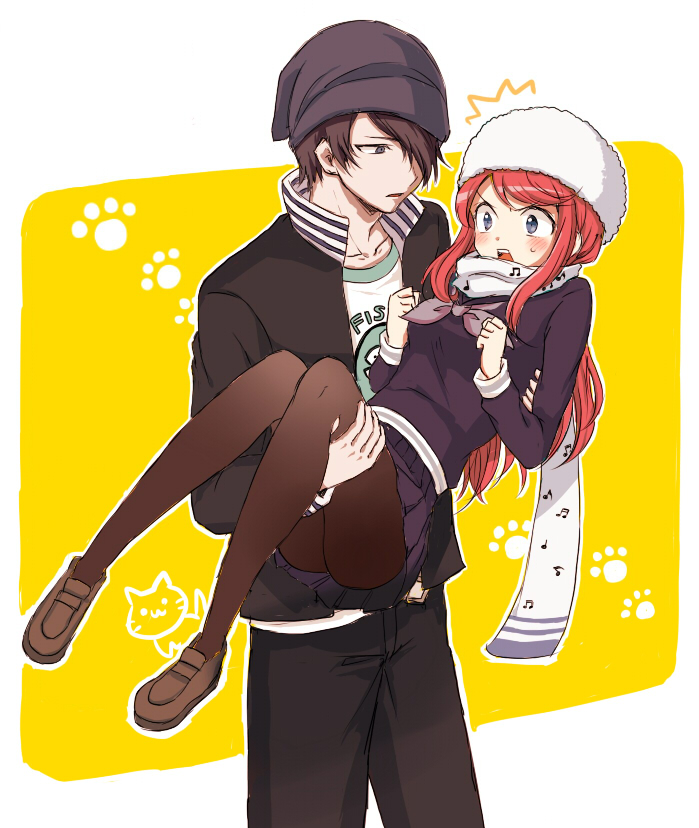 10s, 1boy, 1girl, ban_airi, beanie, black_hair, blue_eyes, blush, carrying, cat, couple, devil_survivor_(series), devil_survivor_2, grey_eyes, hat, jacket, long_hair, musical_note, open_mouth, pantyhose, paw_print, popped_collar, princess_carry, red_hair, scarf, school_uniform, serafuku, sidelocks, simple_background, skirt, torii_jungo, yamano, yellow_background