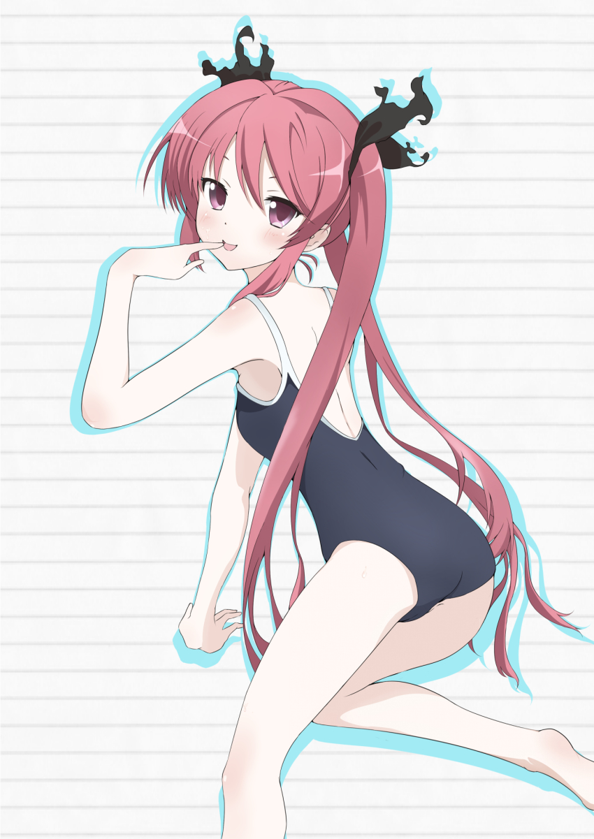 1girl, ass, cthugha_(nyaruko-san), haiyore!_nyaruko-san, highres, long_hair, migiue, red_eyes, red_hair, school_swimsuit, swimsuit, twintails