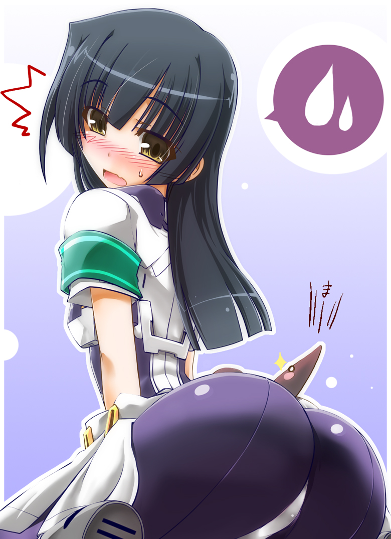 ^^^, 1girl, ass, back-seamed_legwear, black_hair, blush, blush_stickers, bodysuit, embarrassed, from_behind, hisame_genta, honda_masazumi, kyoukaisenjou_no_horizon, long_hair, looking_back, pantyhose, seamed_legwear, seiza, short_sleeves, sitting, sparkle, spoken_sweatdrop, surprised, sweatdrop, tsukinowa_(horizon), yellow_eyes