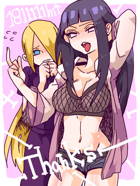arm_up, black_hair, blonde_hair, blue_eyes, breasts, chikuri, cleavage, hair_over_one_eye, hyuuga_hinata, jacket, long_hair, middle_finger, midriff, naruto_(series), naruto_shippuuden, navel, open_clothes, open_jacket, open_mouth, road_to_ninja:_naruto_the_movie, short_shorts, shorts, standing, very_long_hair, yamanaka_ino