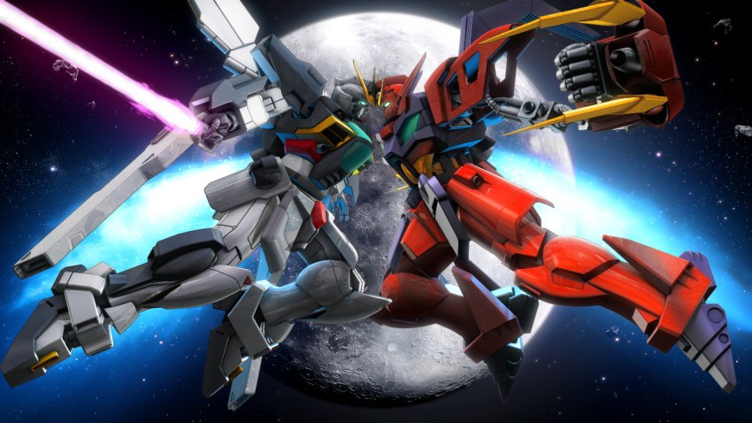 after_war_gundam_x, battle, claws, energy_sword, face-to-face, gundam, gundam_double_x, gundam_extreme_vs, gundam_virsago_chest_break, gundam_x, mecha, mobile_suit, moon, robot, space, sword, weapon