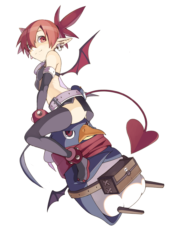 1girl, bad_id, bad_pixiv_id, belt, cats_brain, crossed_arms, demon_tail, demon_wings, disgaea, etna_(disgaea), laharl, laharl_(prinny), nippon_ichi, pointy_ears, pouch, prinny, red_eyes, red_hair, scarf, short_hair, sitting, smile, tail, transparent_background, twintails, wings