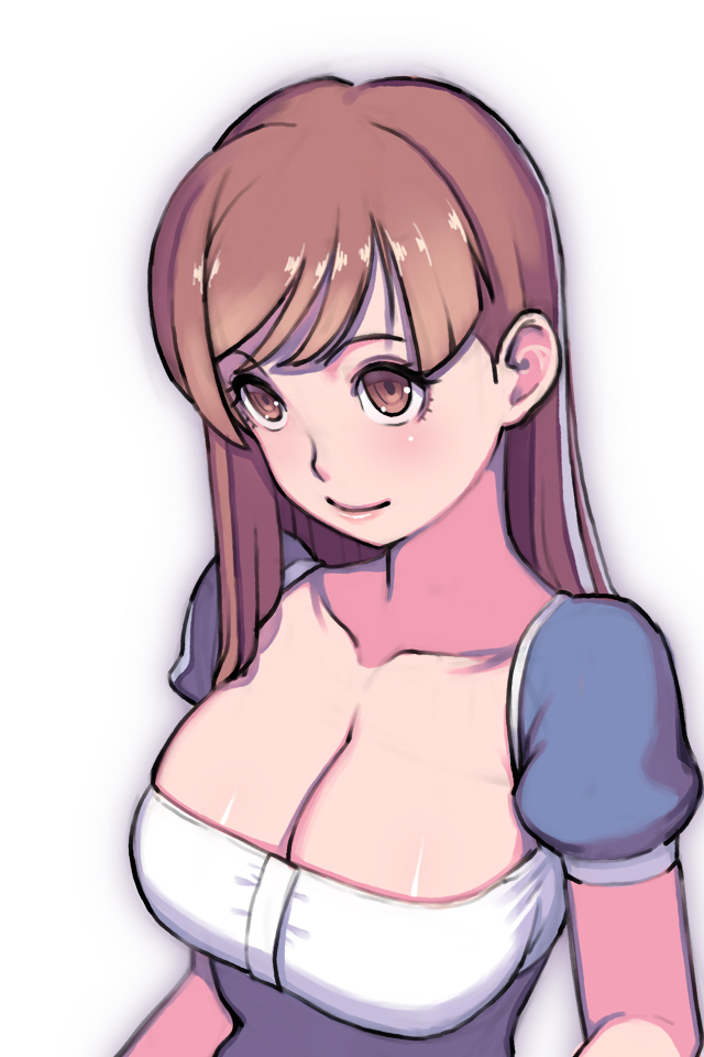 1girl, blush, breasts, brown_eyes, brown_hair, cleavage, collarbone, dress