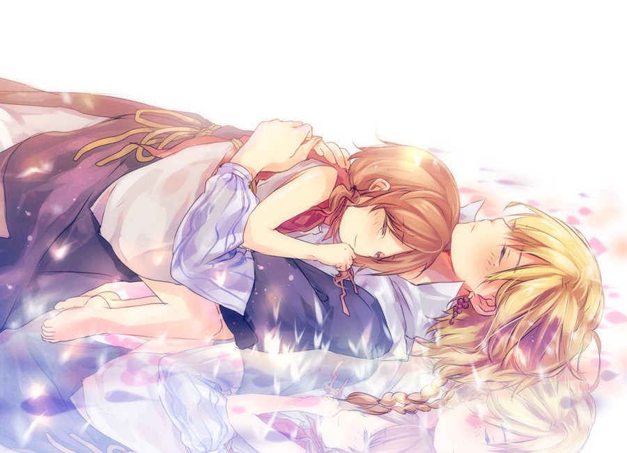 1boy, 1girl, blonde_hair, braid, brown_hair, earrings, closed_eyes, food, fruit, grapes, hetero, hug, jewelry, long_hair, lying, magi_the_labyrinth_of_magic, marga_(magi), nuriko-kun, reflection, tears, titus_alexius