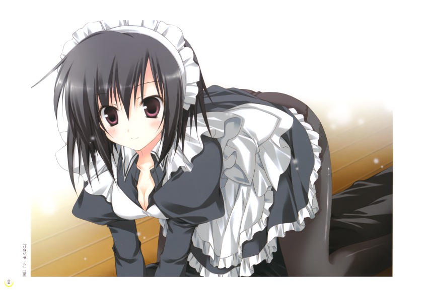 1girl, absurdres, all_fours, black_hair, black_pantyhose, breasts, cleavage, highres