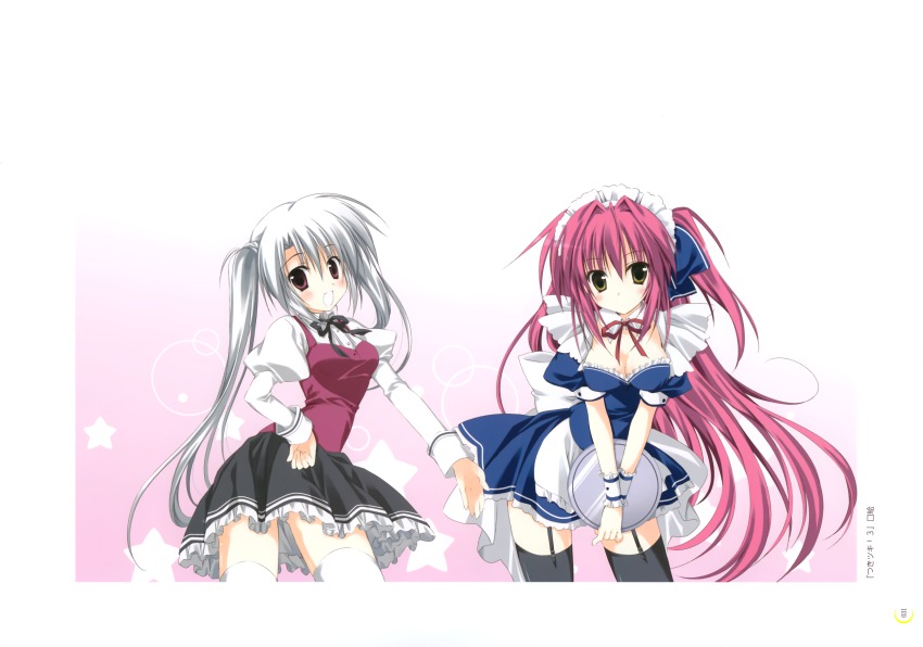 2girls, absurdres, black_legwear, blush, breasts, cleavage, cowboy_shot, elni