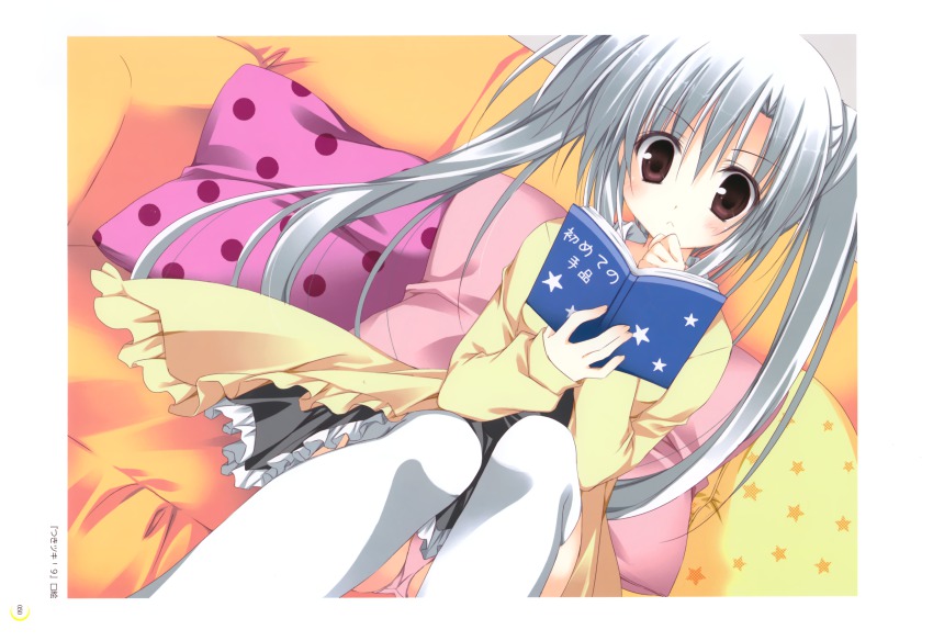 1girl, absurdres, book, coat, couch, elni, hand_on_own_chin, highres