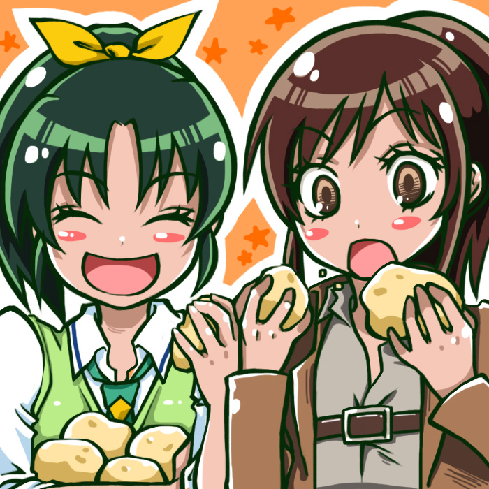 10s, 2girls, belt, brown_hair, crossover, eating, closed_eyes, food, green_hair, hair_ribbon, long_hair, midorikawa_nao, multiple_girls, necktie, nekoko_(nekonekonya), open_mouth, ponytail, potato, precure, ribbon, sasha_blouse, shingeki_no_kyojin, sleeves_rolled_up, smile_precure!, strap