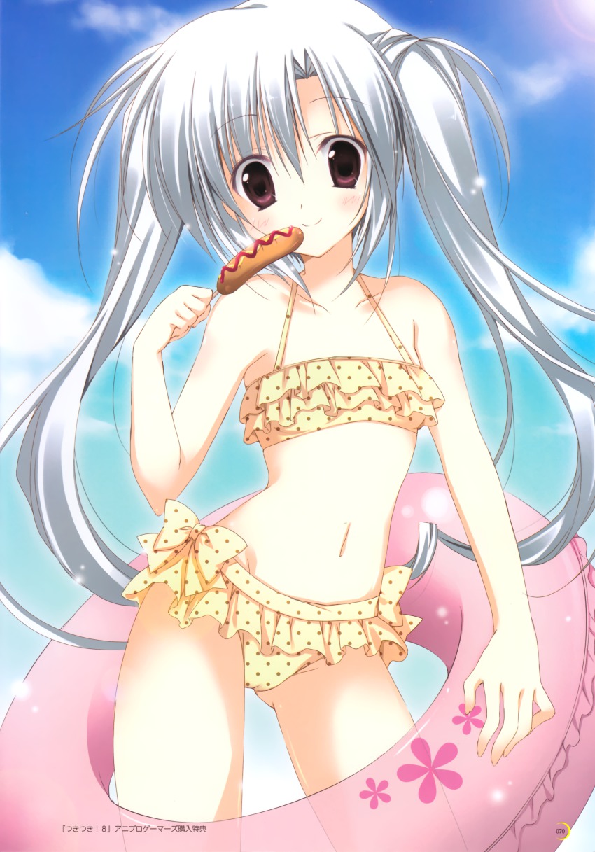 1girl, absurdres, bikini, corn_dog, elni, female_focus, food, highres