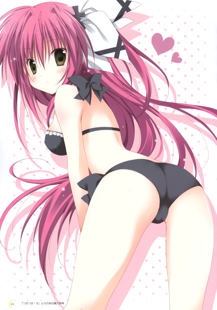 1girl, absurdres, ass, bikini, black_bikini, breasts, female_focus, heart, highres, korie_riko, long_hair, looking_back, machina_liebelei_orangelo, pink_hair, solo, swimsuit, tsuki_tsuki!, yellow_eyes