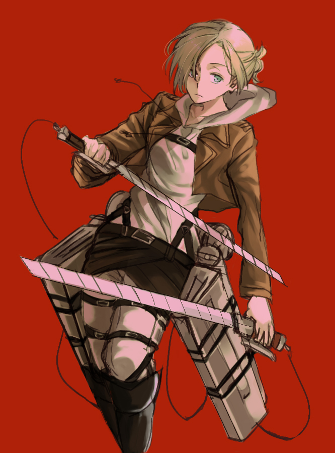 1girl, 3637_3637, annie_leonhart, bad_id, bad_pixiv_id, belt, blonde_hair, blue_eyes