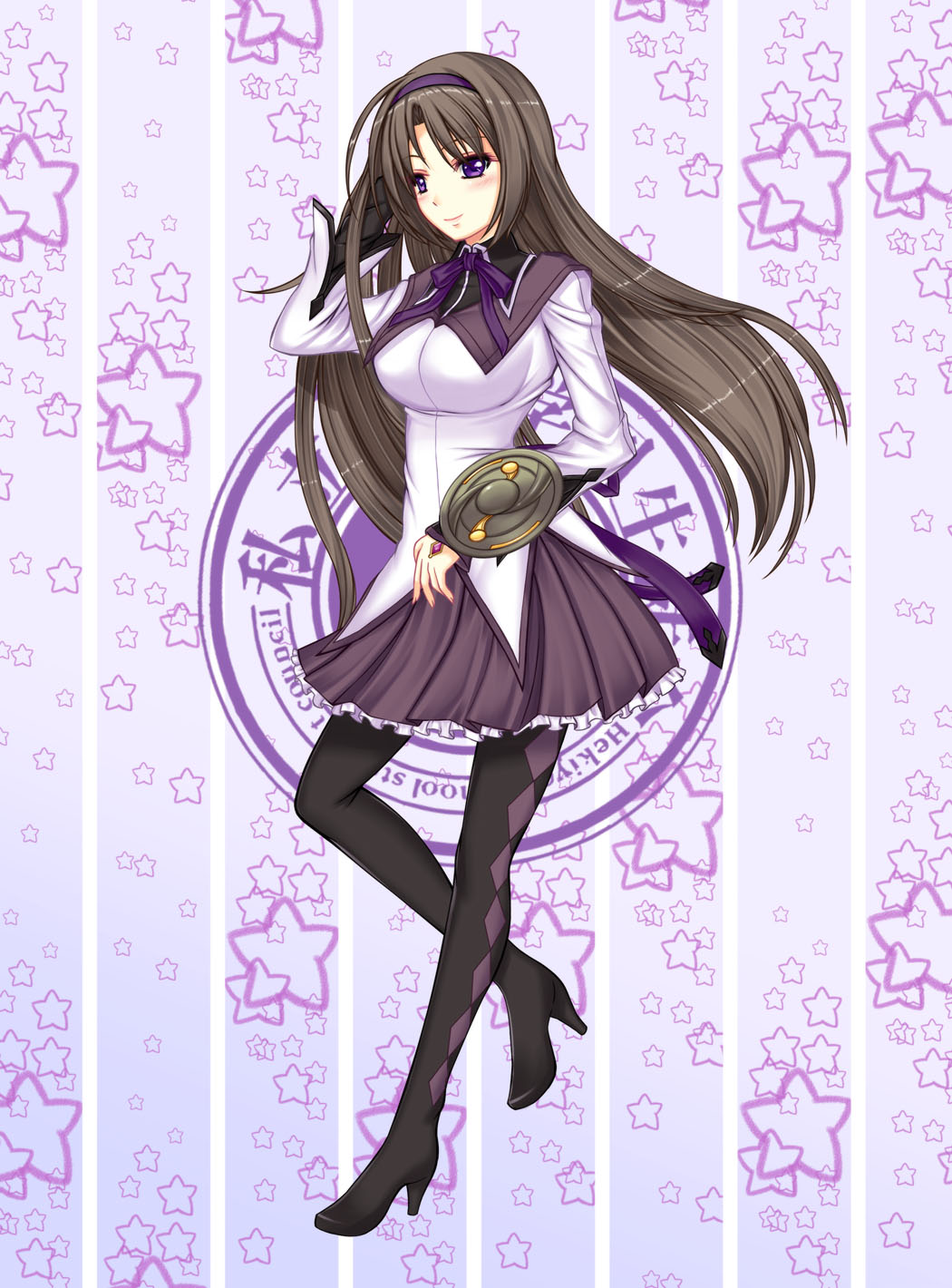 1girl, akaba_chizuru, akemi_homura, akemi_homura_(cosplay), akemi_homura_(magical_girl), argyle_clothes, argyle_pantyhose, black_hair