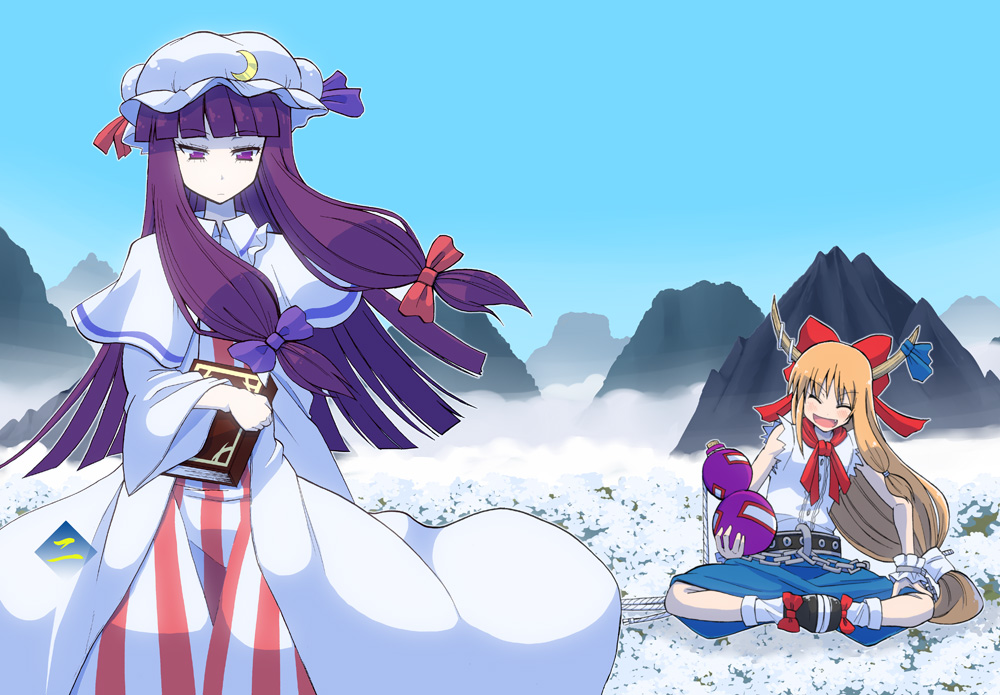 2girls, blonde_hair, book, bow, chain, closed_eyes, crescent, hair_bow, hat, horns, ibuki_suika, knees_apart_feet_together, long_hair, mountain, multiple_girls, orange_hair, patchouli_knowledge, purple_eyes, purple_hair, smile, touhou, tsuji_kazuho, tsuji_kazuo