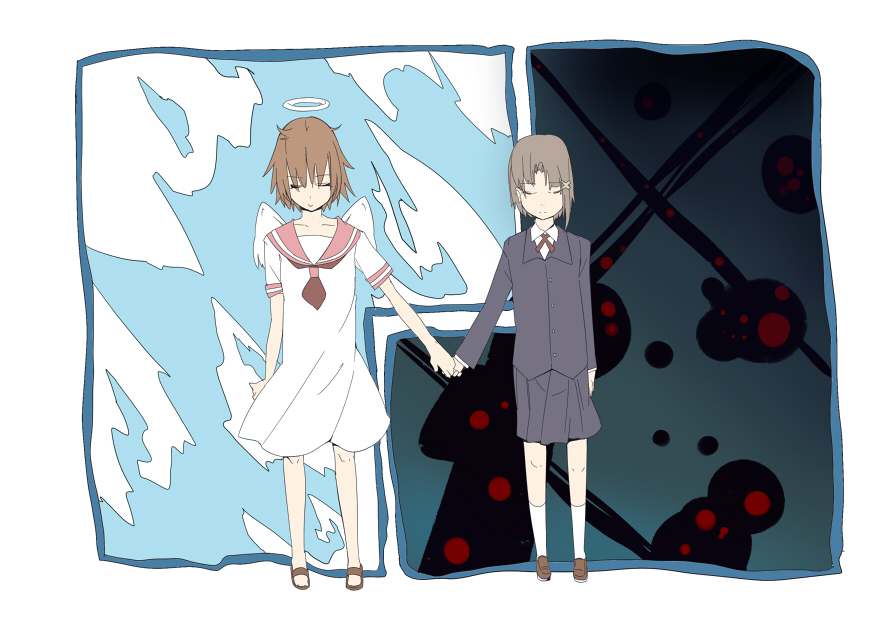 00s, 1990s_(style), 2girls, angel_wings, asymmetrical_hair, brown_hair, creator_connection, crossover