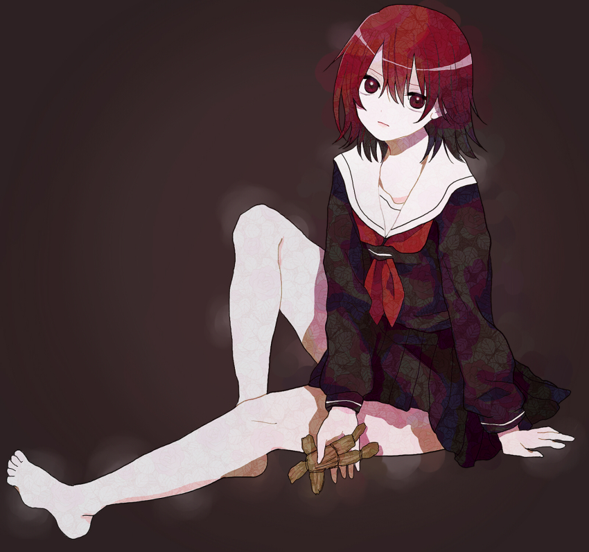 1girl, arm_support, barefoot, black_serafuku, chinosuke_(o_j_o_p), cosplay, enma_ai, enma_ai_(cosplay), expressionless, female_focus, full_body, highres, holding, idolmaster, idolmaster_cinderella_girls, jigoku_shoujo, knee_up, looking_at_viewer, murakami_tomoe, red_eyes, red_hair, school_uniform, serafuku, short_hair, sitting, solo, straw_doll