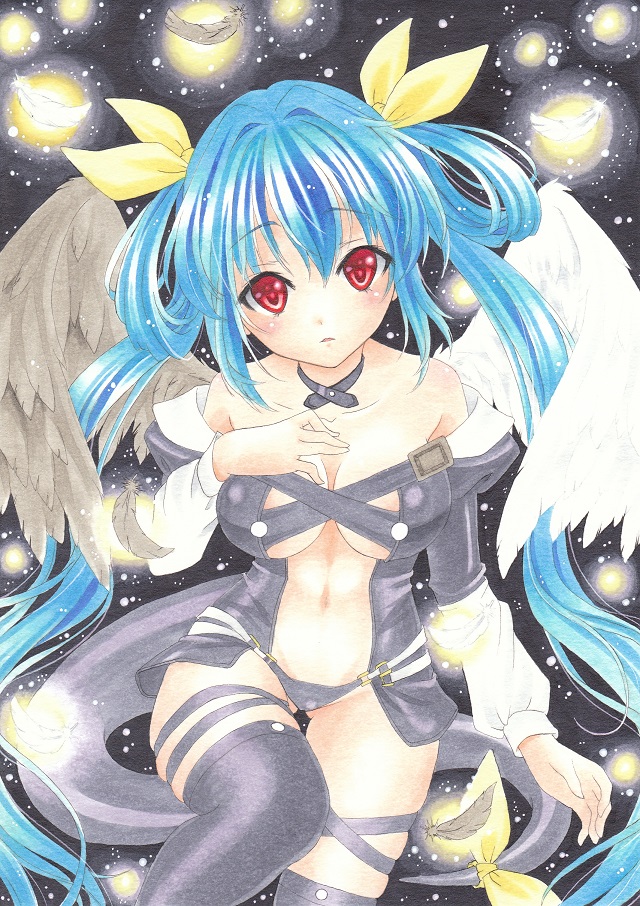1girl, arc_system_works, asymmetrical_wings, bad_id, bad_pixiv_id, bare_shoulders, black_feathers, blue_hair