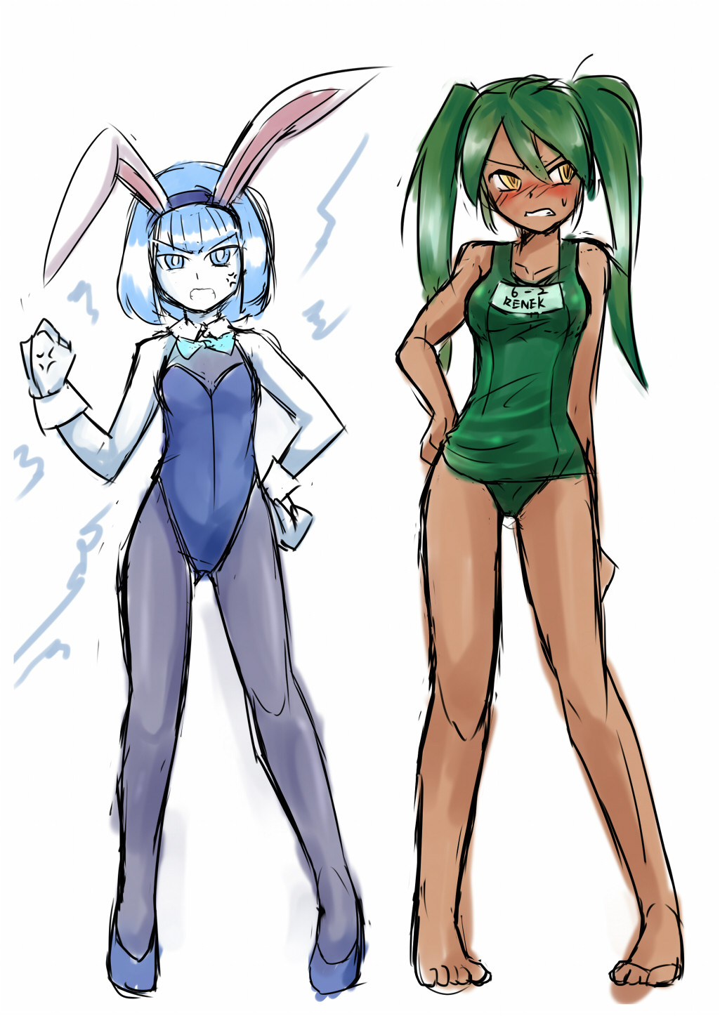 2girls, alternate_costume, anger_vein, angry, animal_ears, bare_legs, barefoot, blue_eyes